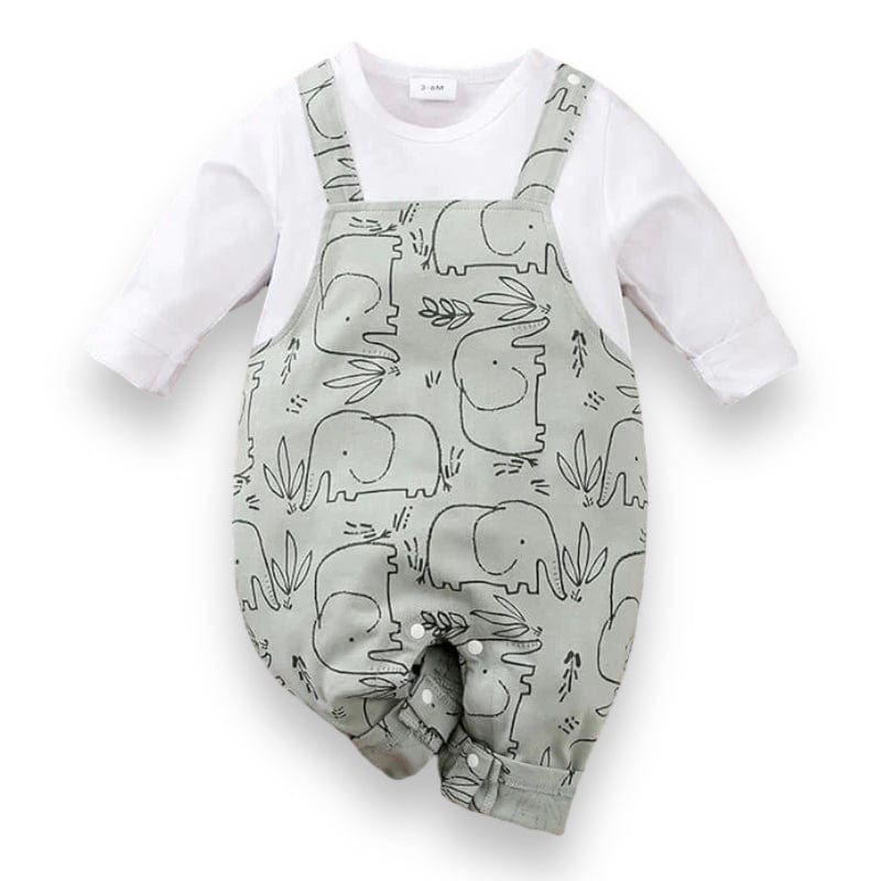 Salopeta cu maneca lunga, 100% bumbac, pentru bebe, imprimeu elefant