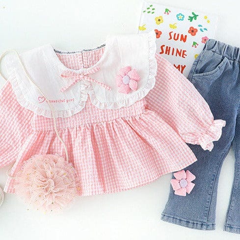 Compleu roz din 2 piese cu blugi evazati COSMINA