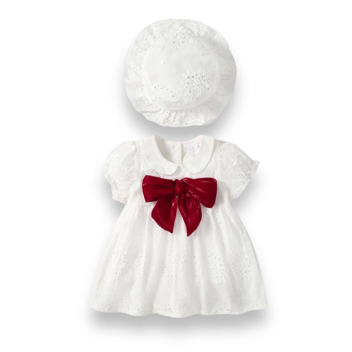 Rochie alba si palarie, 100% bumbac, cu fundita ELISA