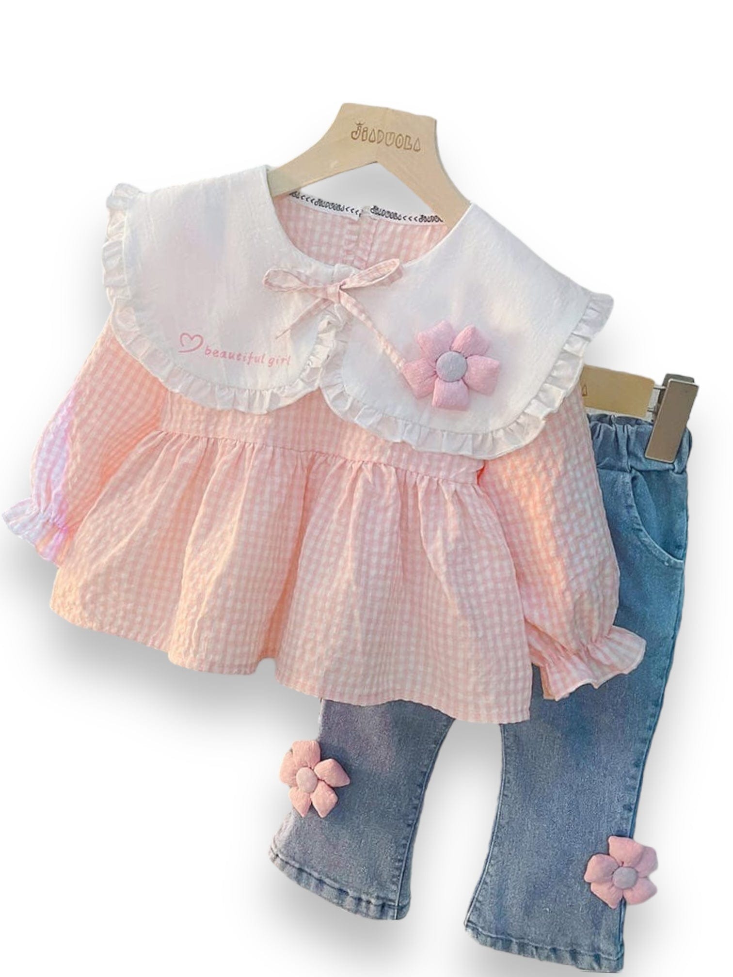 Compleu roz din 2 piese cu blugi evazati COSMINA