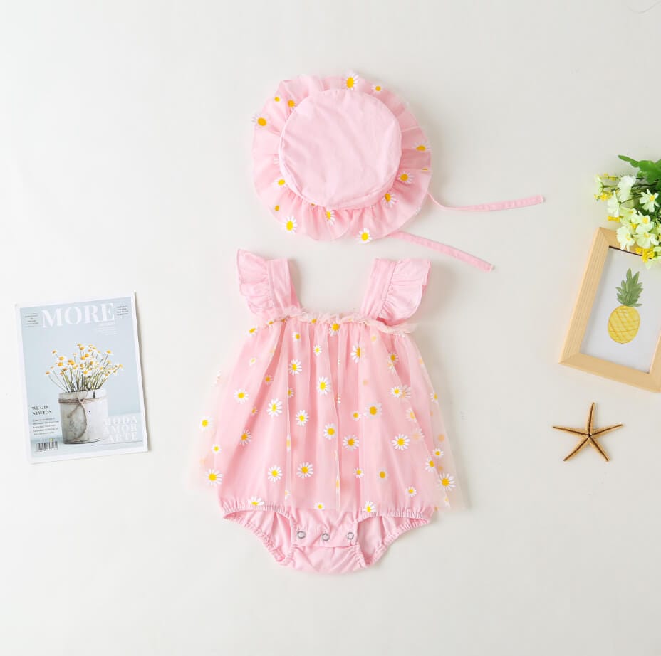 Rochie si palarie roz, 100% bumbac, cu imprimeu floral ROZI