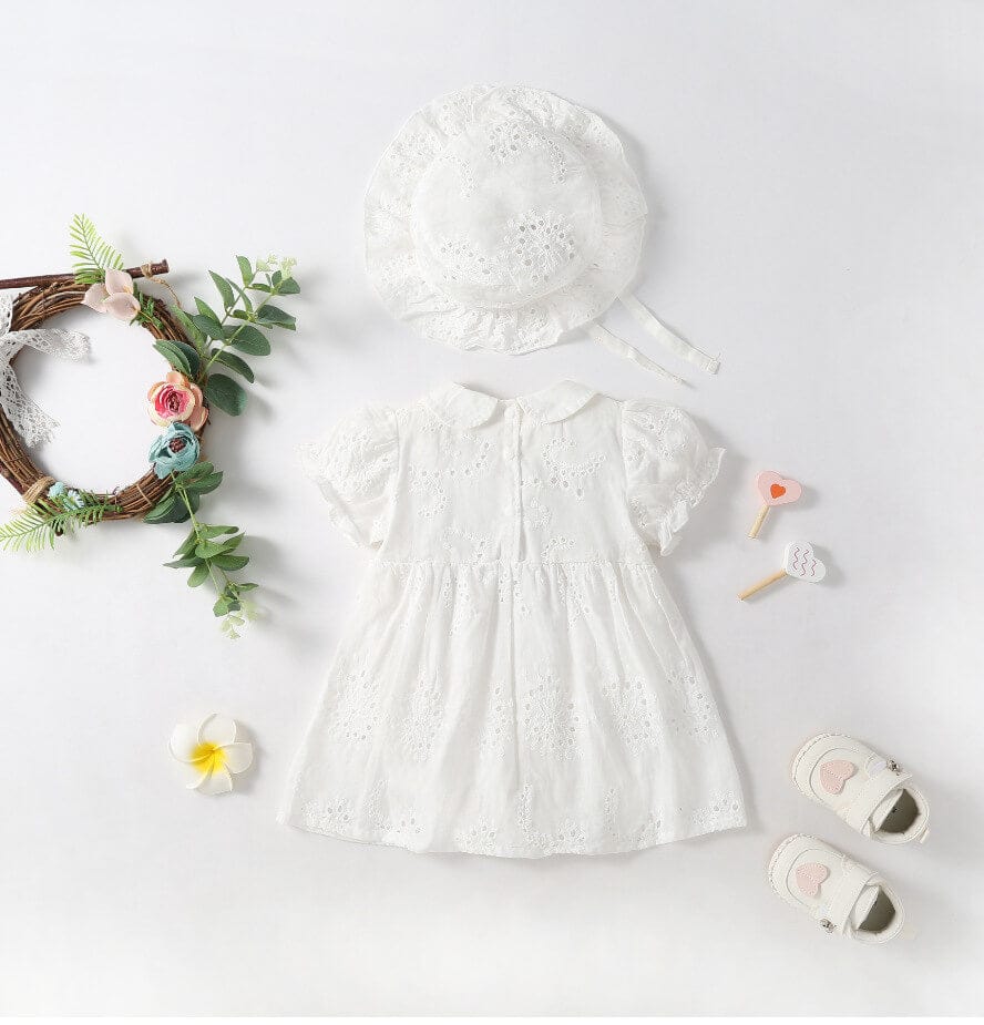 Rochie alba si palarie, 100% bumbac, cu fundita ELISA