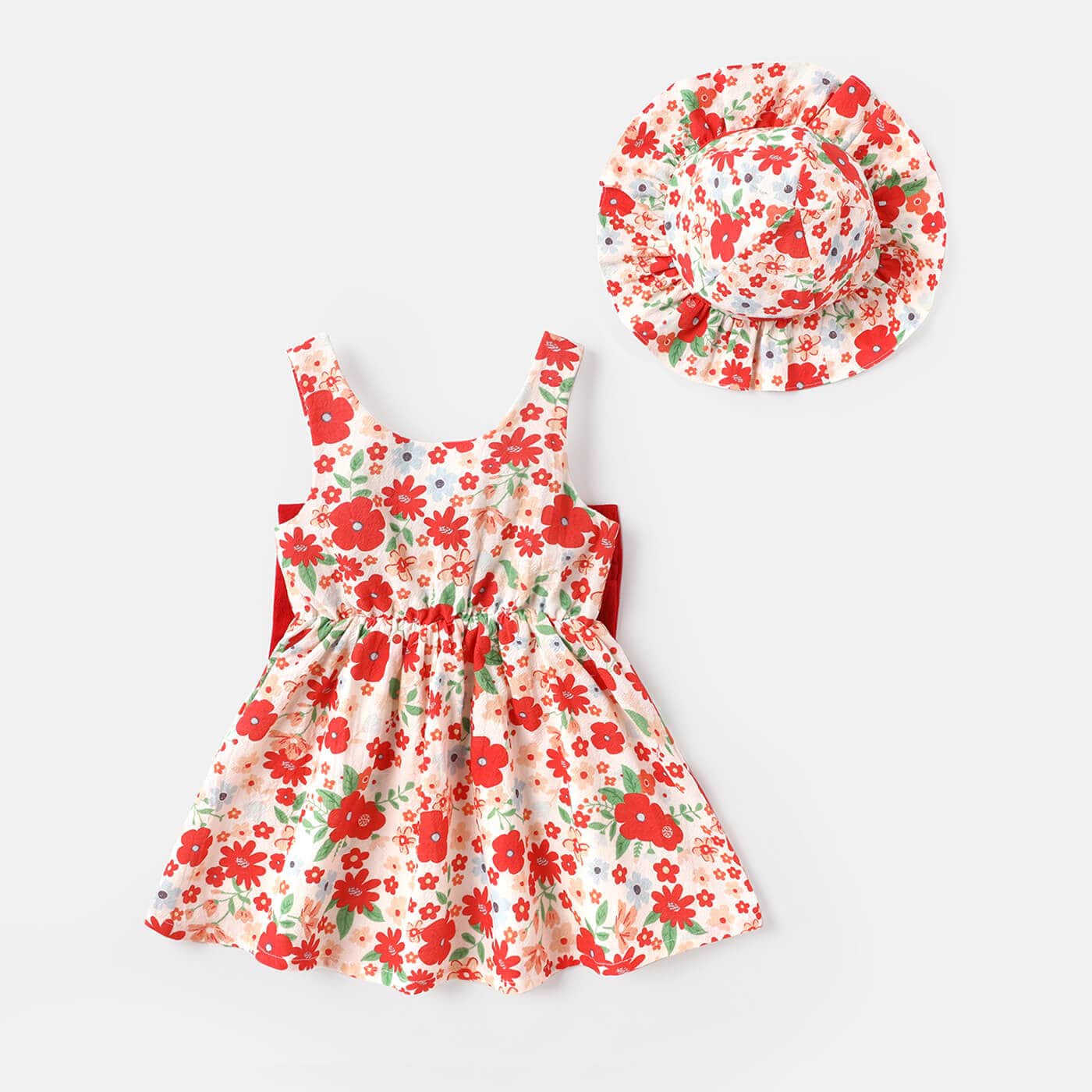 Set rochie si palarie, 100% bumbac, cu imprimeu floral, design cu funda