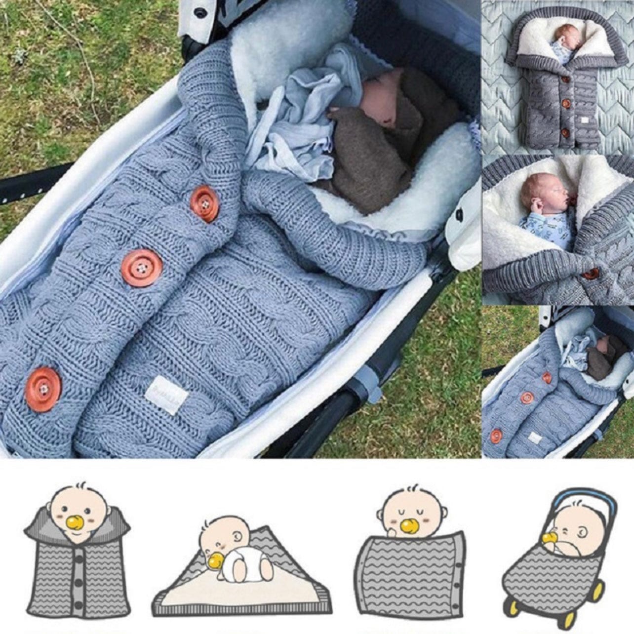 Paturica bebe, patura carucior din bumbac tricotat si cocolino pufos