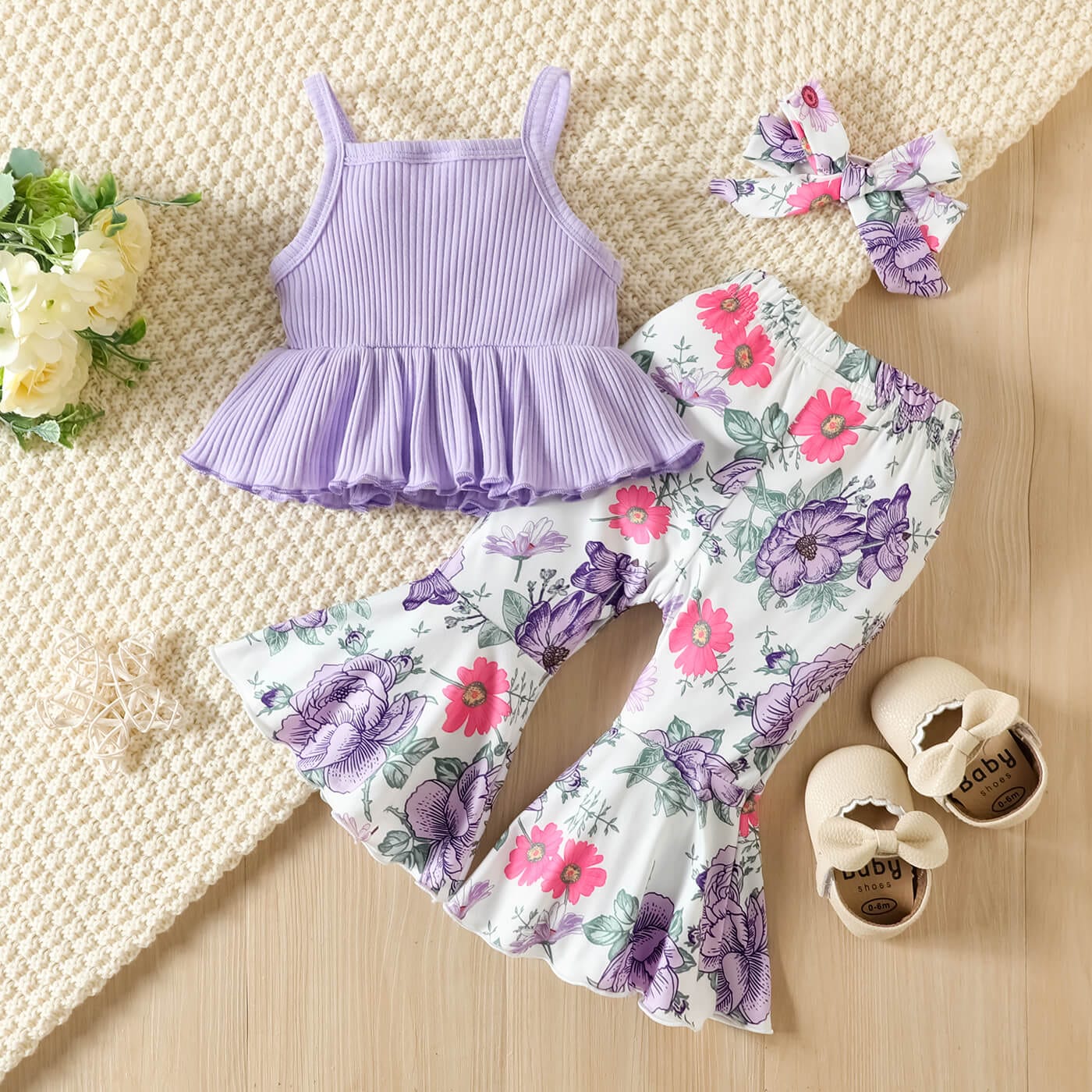 Compleu din 3 piese pentru fetita, 95% bumbac, top, pantaloni evazati si bentita BONITA