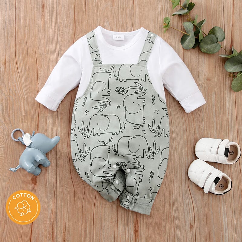 Salopeta cu maneca lunga, 100% bumbac, pentru bebe, imprimeu elefant