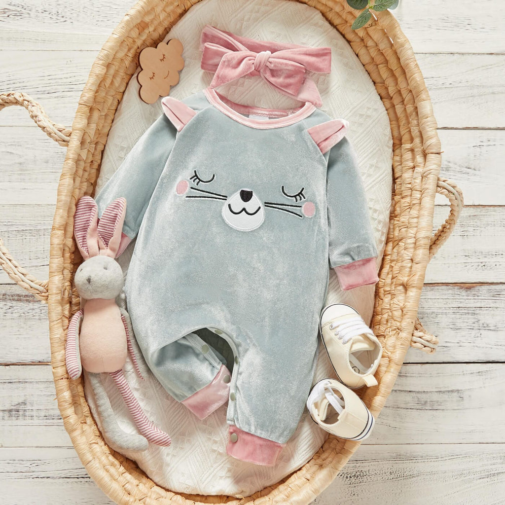 Salopeta de catifea si bentita pentru bebe BLUISH